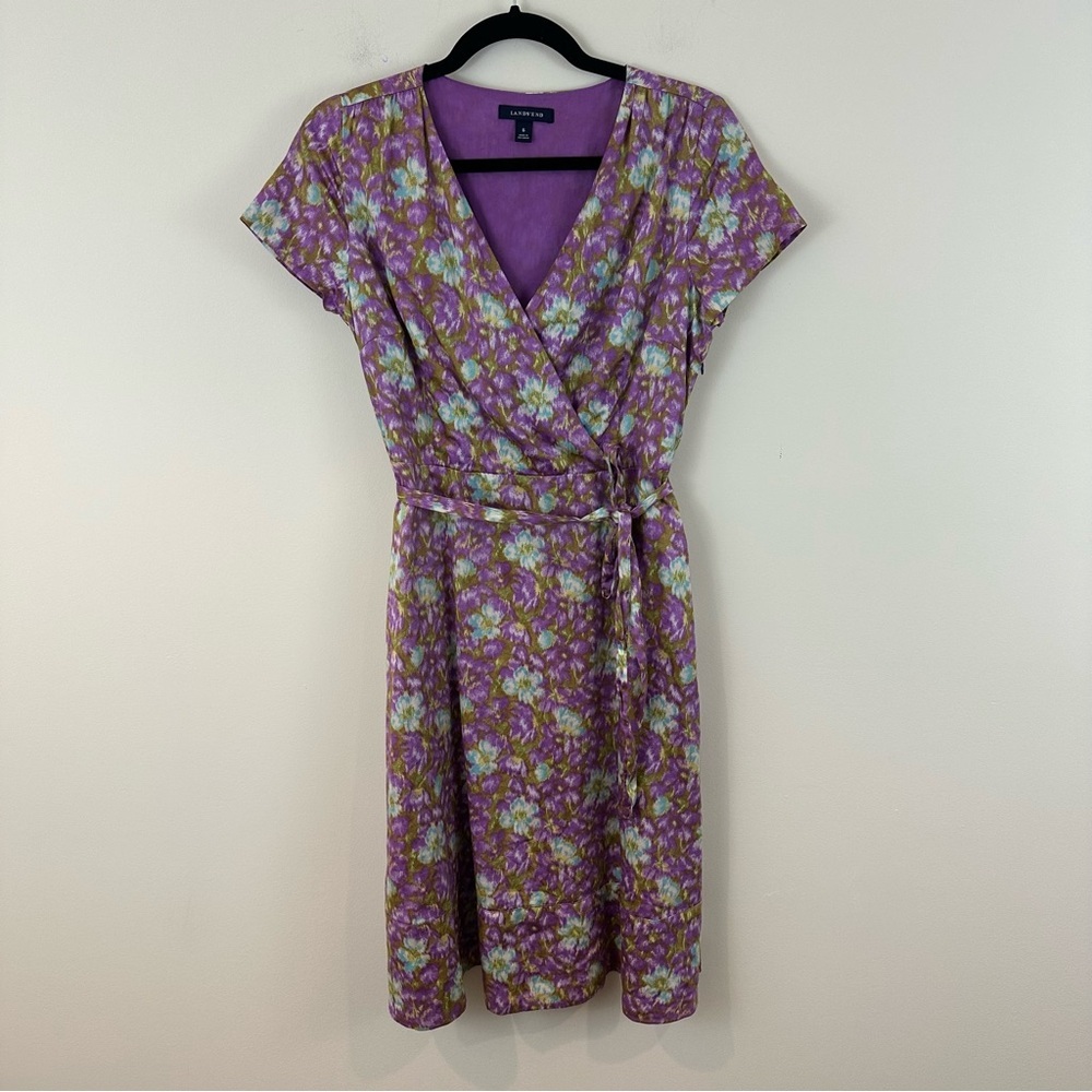 Lands' End Purple Abstract Floral Pattern Short Sleeve Dress Size 6